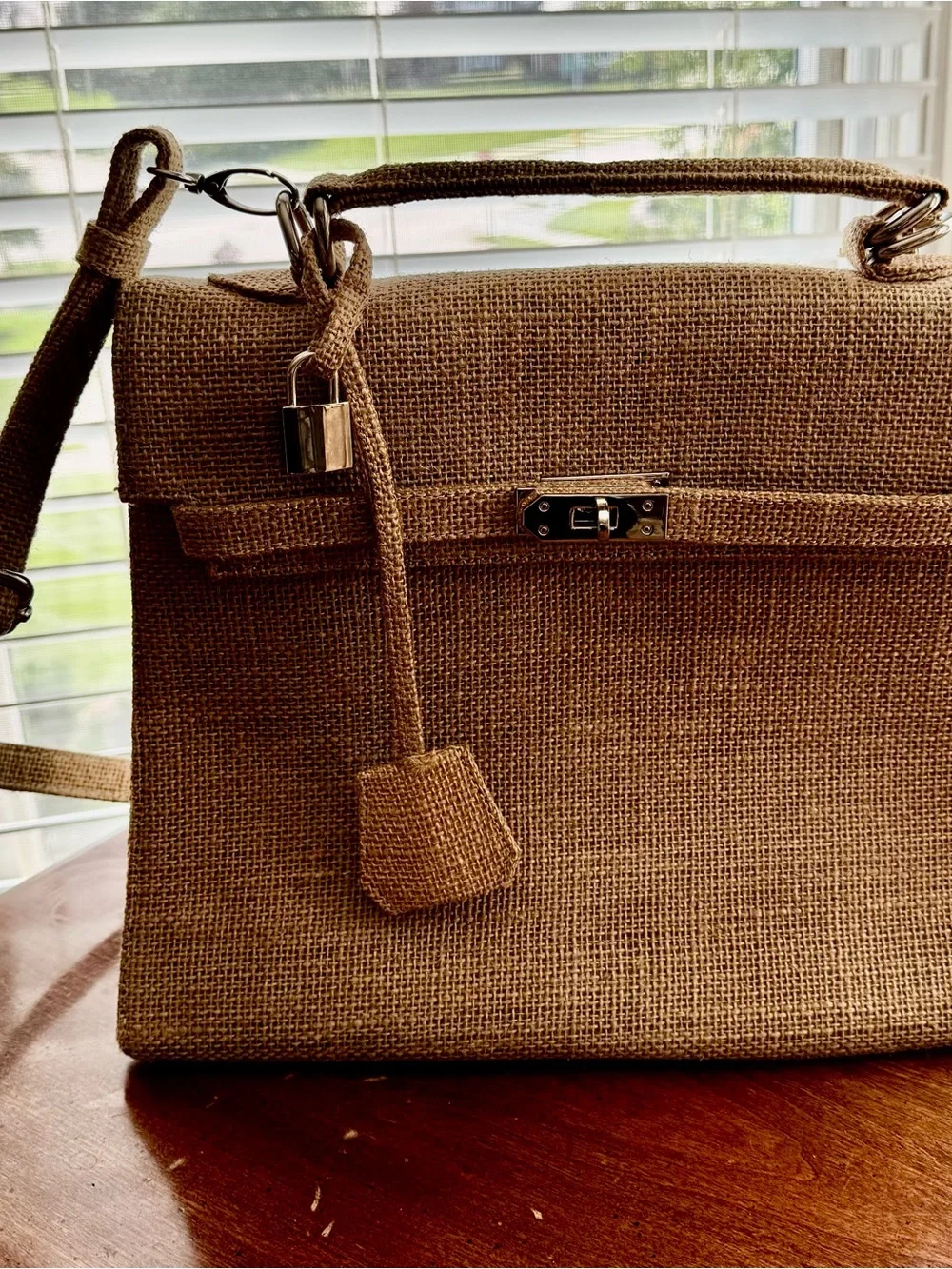 Kelly Style Satchel Top Handle / Crossbody Bag - Natural Jute/Burlap - 35cm